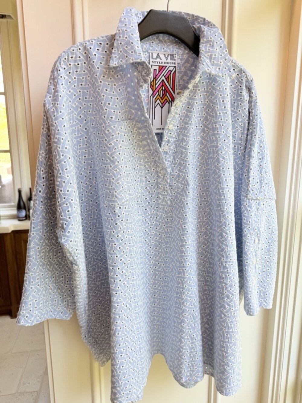 NWT- La Vie Mini Blue Stripe Eyelet Shirt - One Size